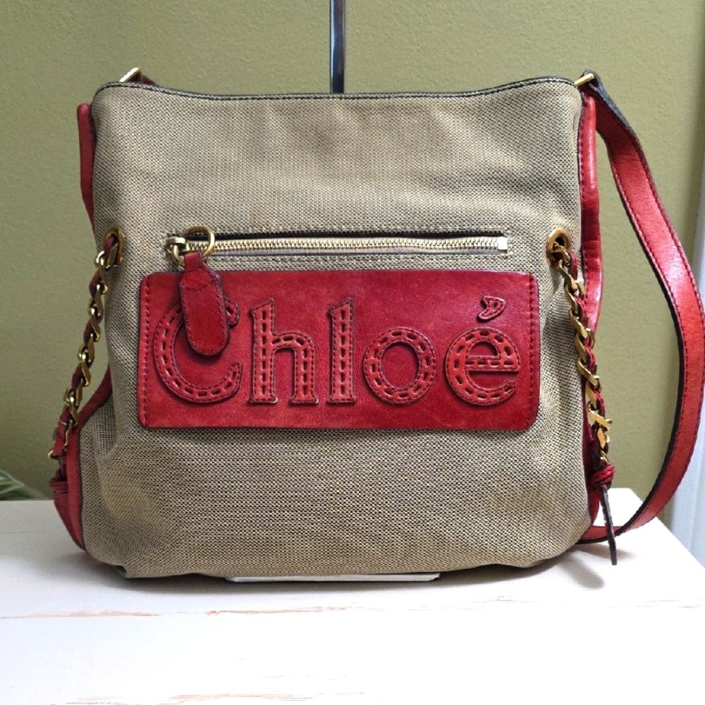 Chloé | Harley Tan Canvas and Black Leather Shoulder Bag with Adjustable Strap